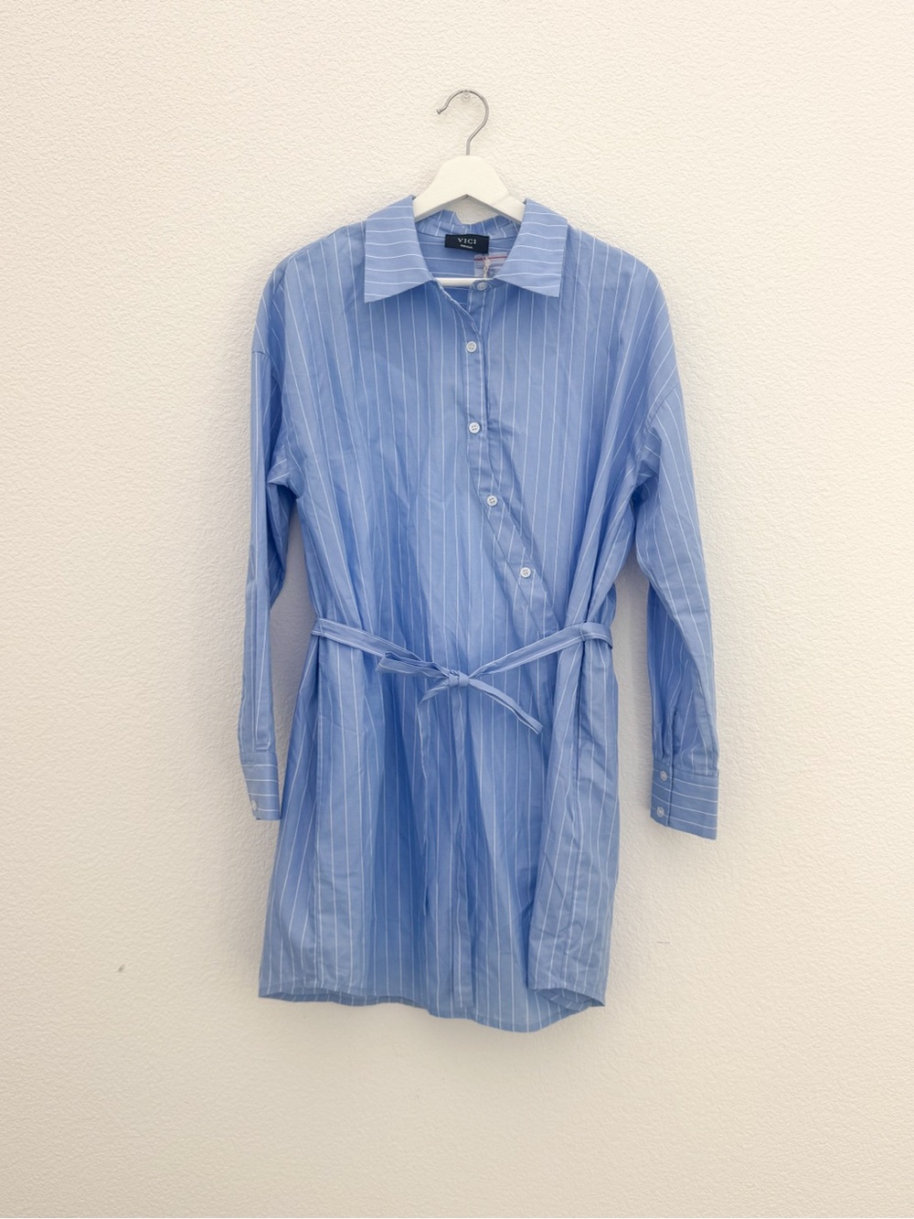 Light Blue Pinstripe Shirt Dress with Waist Tie